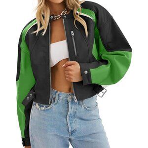 Womens Green Tankaneo Leather Bomber Jacket Cropped Color Block Fall Casual